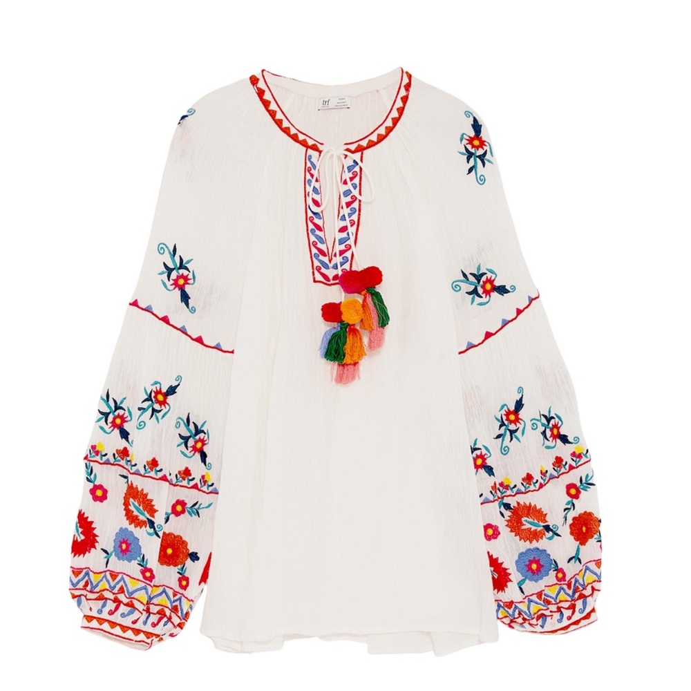 Zara Embroidered White Peasant Blouse with Colorful Tassels